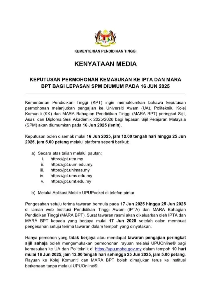 Pengumuman Keputusan dan Rayuan